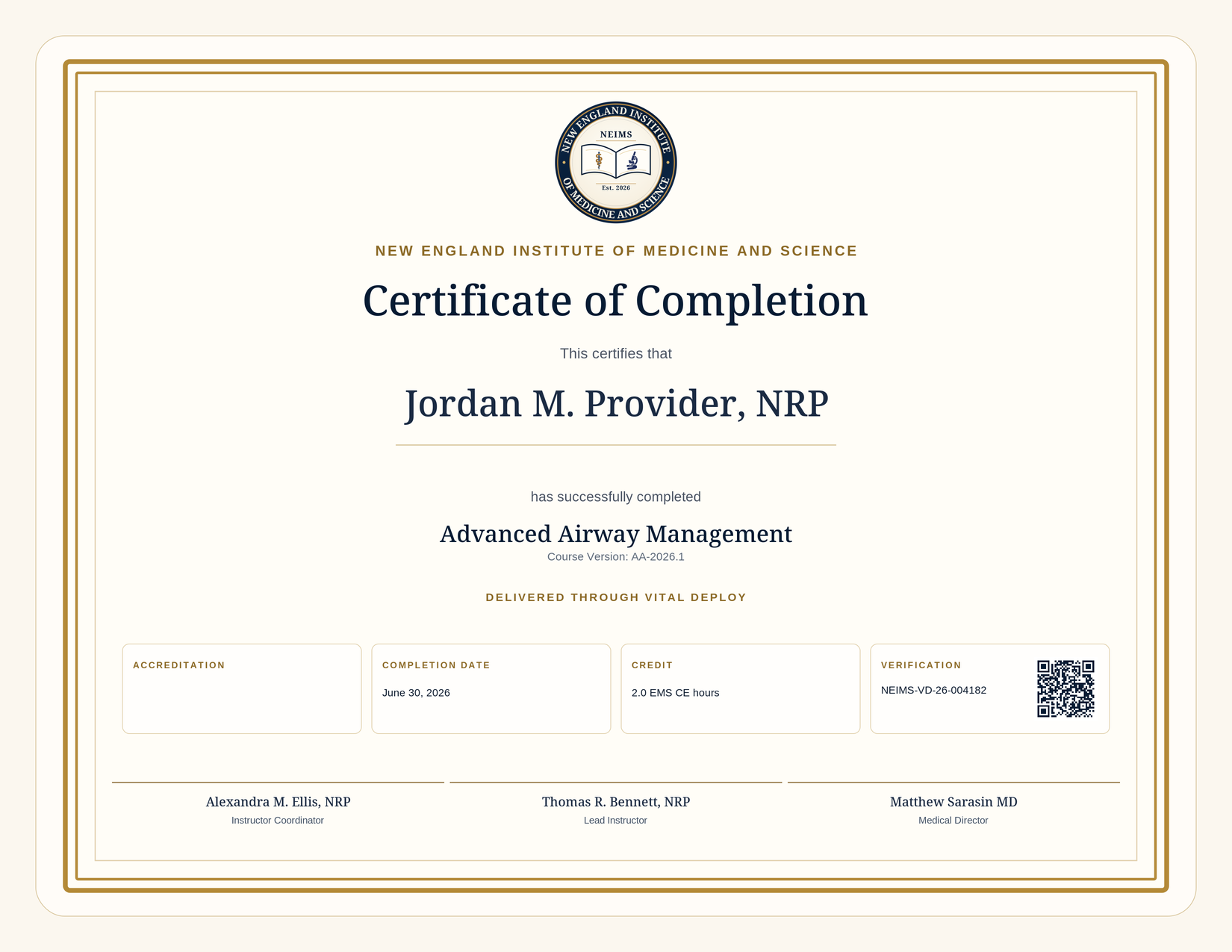 NEIMS Certificate of Completion preview